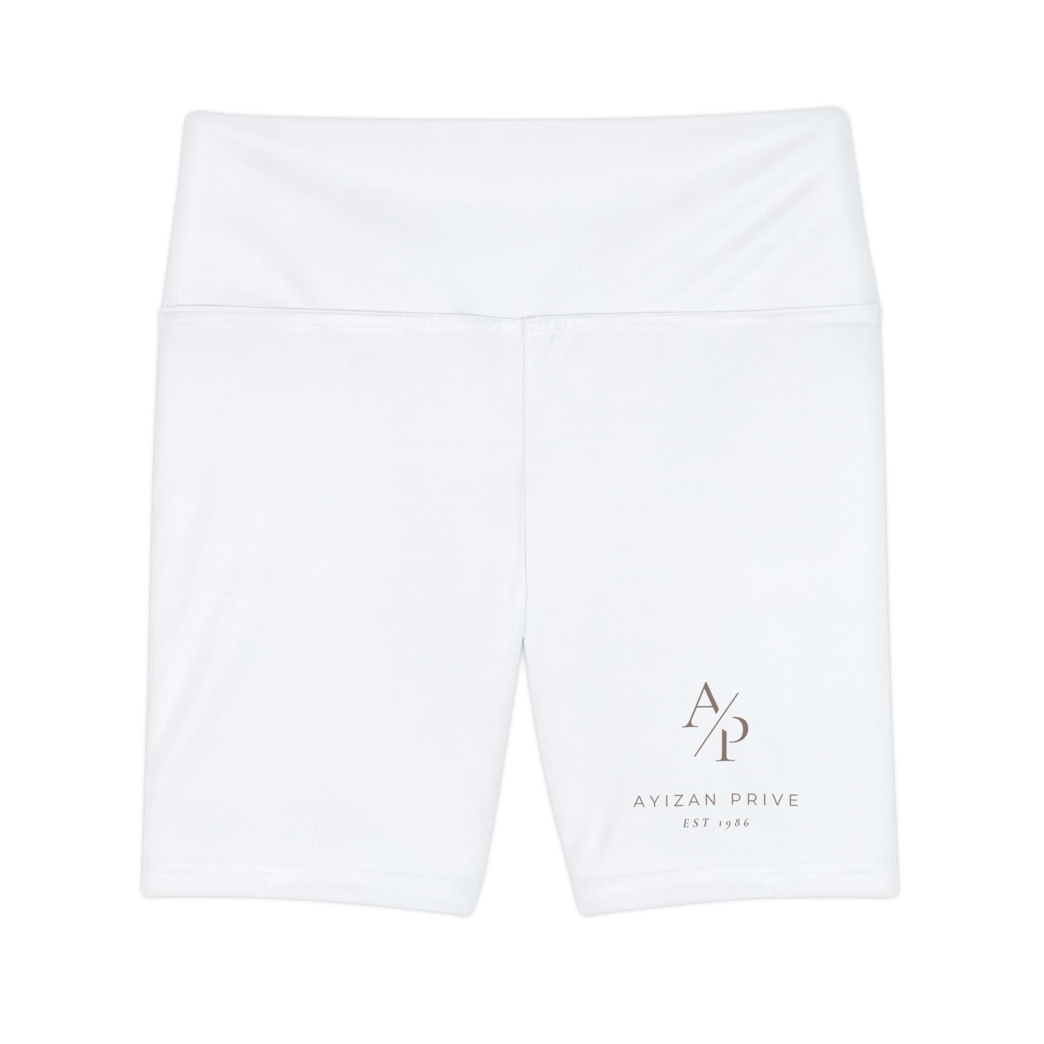 AYIZAN PRIVE Women's White Workout Shorts — High-Waist Athletic Biker Shorts with Minimal Logo