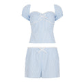 French Pastoral Girl Off-shoulder Lace Fluted Collar Striped Top Shorts Casual Suit