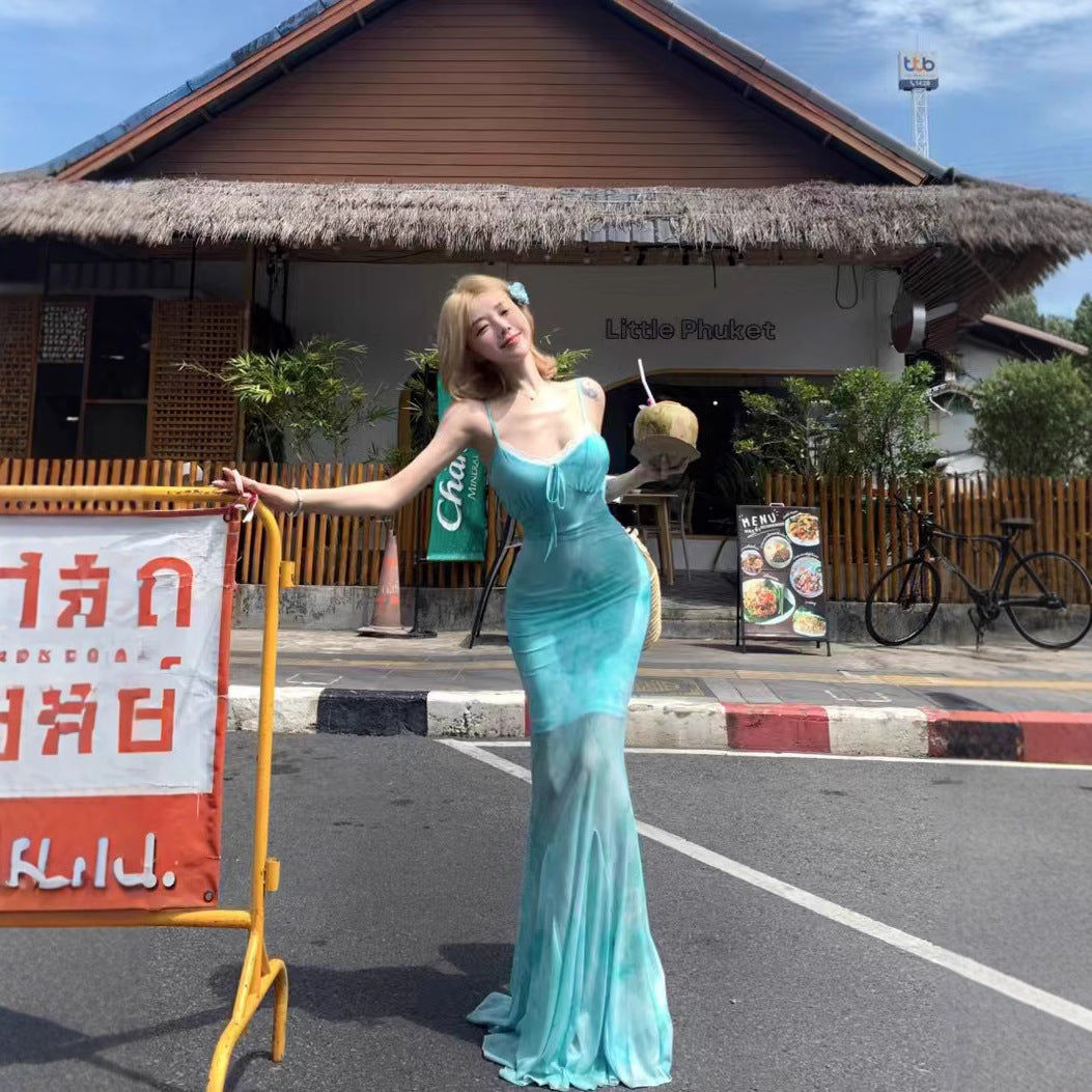 Lace Splicing Sling Vacation Style Slim-fit Fishtail Skirt Cinched Mesh