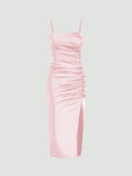 Solid Color Ruched Bodycon Slit Cami Dress Party Dress Wedding Guest Dress