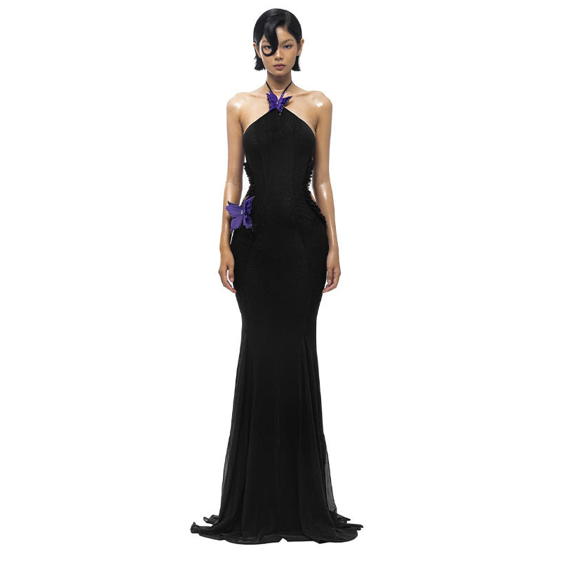 Off-shoulder Halter Butterfly Decoration Slim Fit Holiday Dress Women