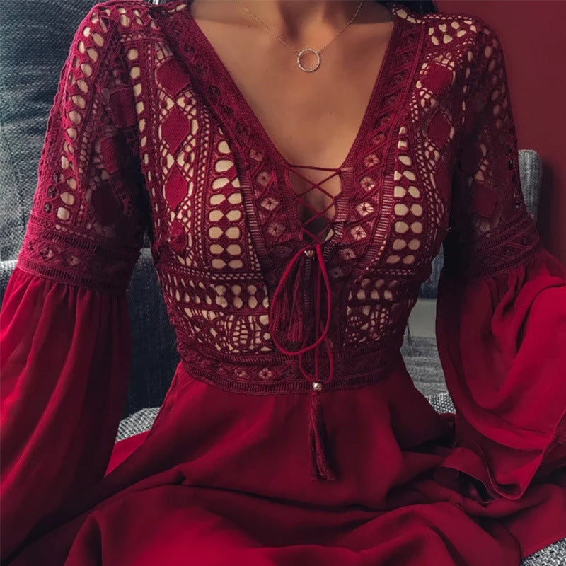 Long Sleeve V-neck Lace Up Hollow Dress Short