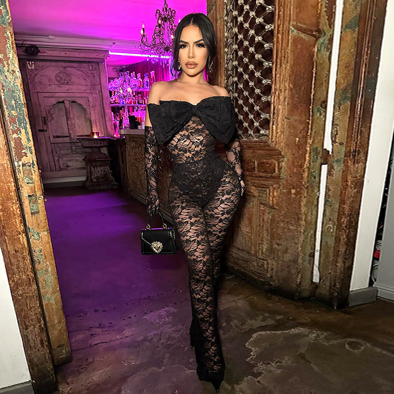 Sexy Bow Tube Top Hollow Out See-through Jumpsuit
