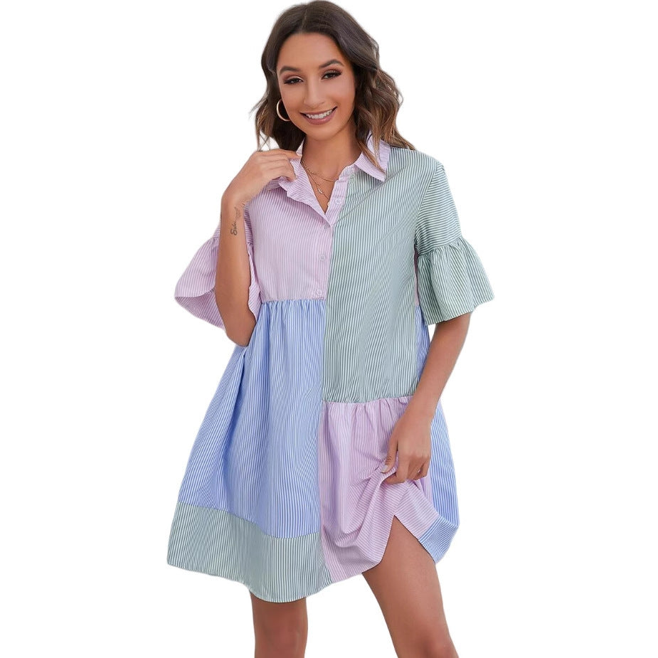 Multi-color Stripe Patchwork Flared Sleeves Dress