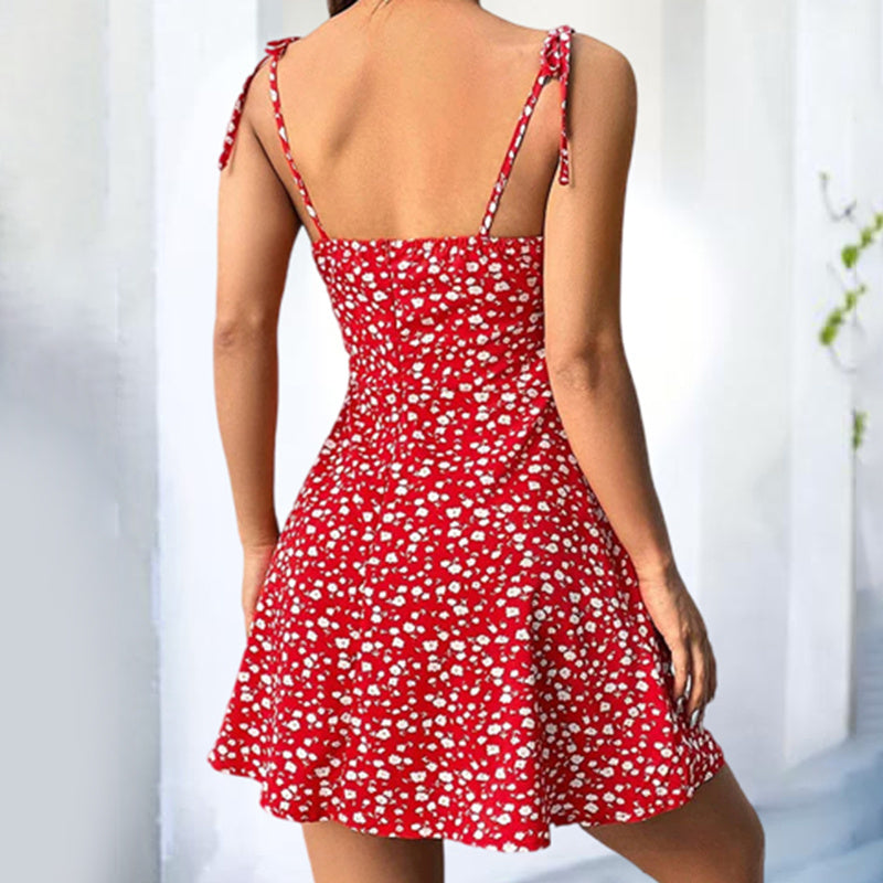 Womens Floral Mini Dress Spaghetti Strap Sleeveless Tie Shoulder Ruffle Summer Boho Dresses