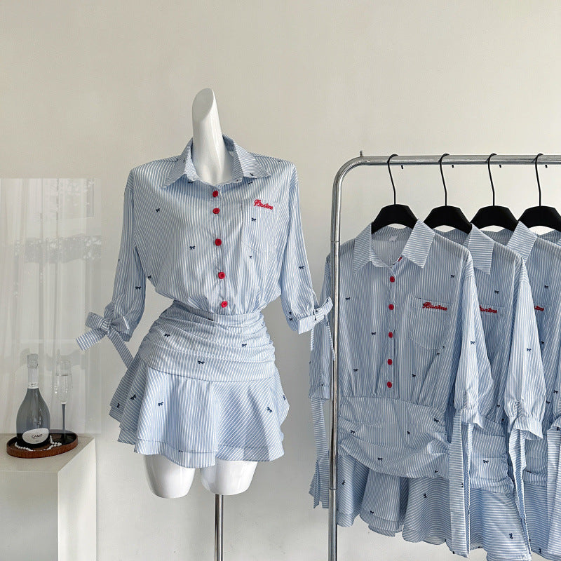 Lapel Half-sleeved And Waisted Shirt Dress Blue And White Striped Dress Ruffles