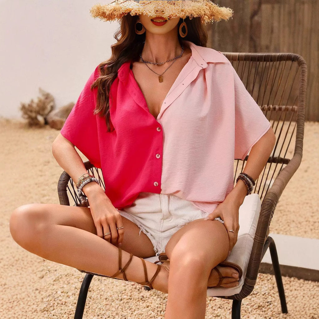 Design Lapel Single Breasted Loose Short Sleeve Split Shirt Top
