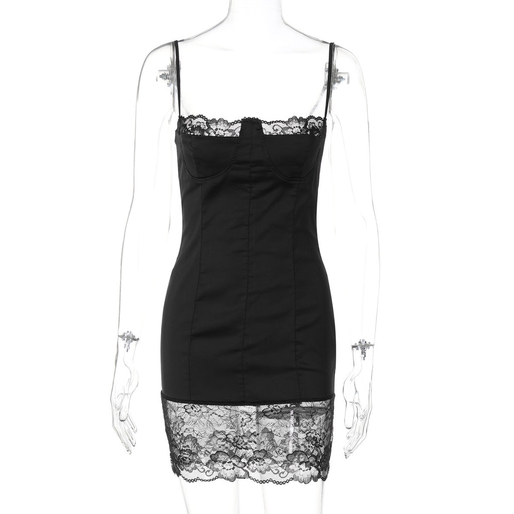 Lace Stitching Sexy Hot Girl Tight-fitting Cinched Hip Spaghetti Straps Dress