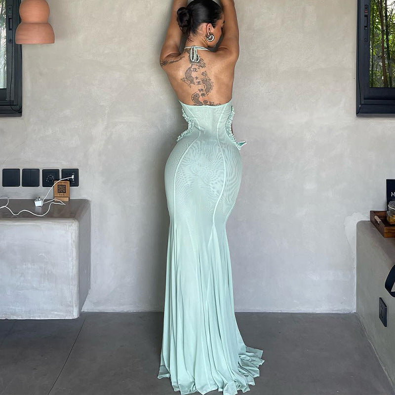 Off-shoulder Halter Butterfly Decoration Slim Fit Holiday Dress Women