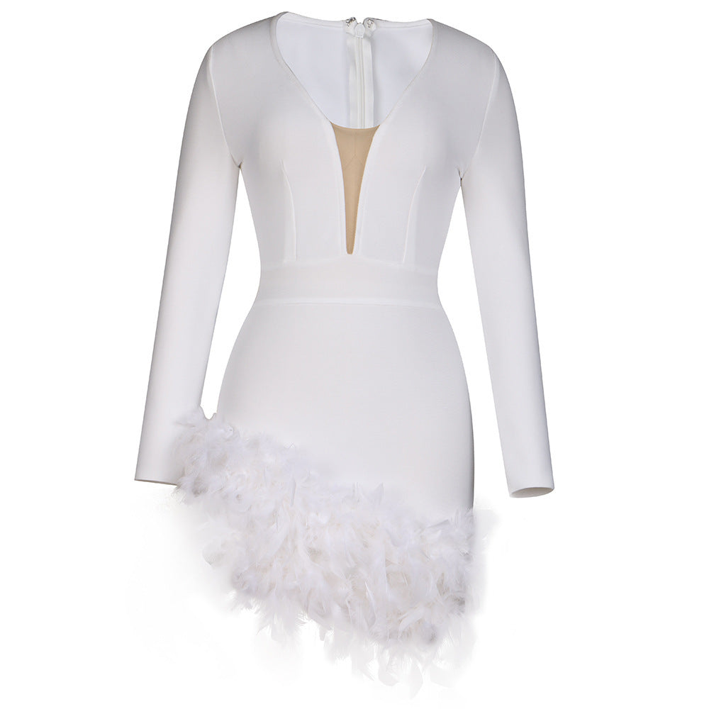 Women's Graceful And Fashionable Feather Bandage V-neck Mesh Long Sleeve Dress