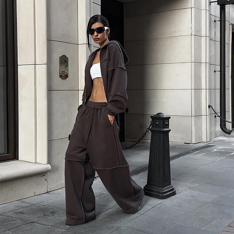 Long Sleeve Zipper Coat Casual Loose Trousers Suit Women