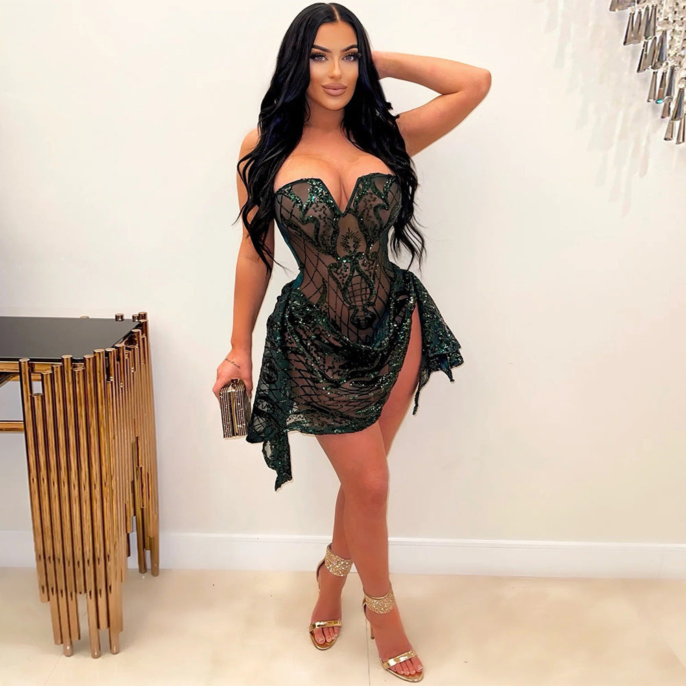 European And American Sexy V-neck Tube Top See-through Sequins Dress Women
