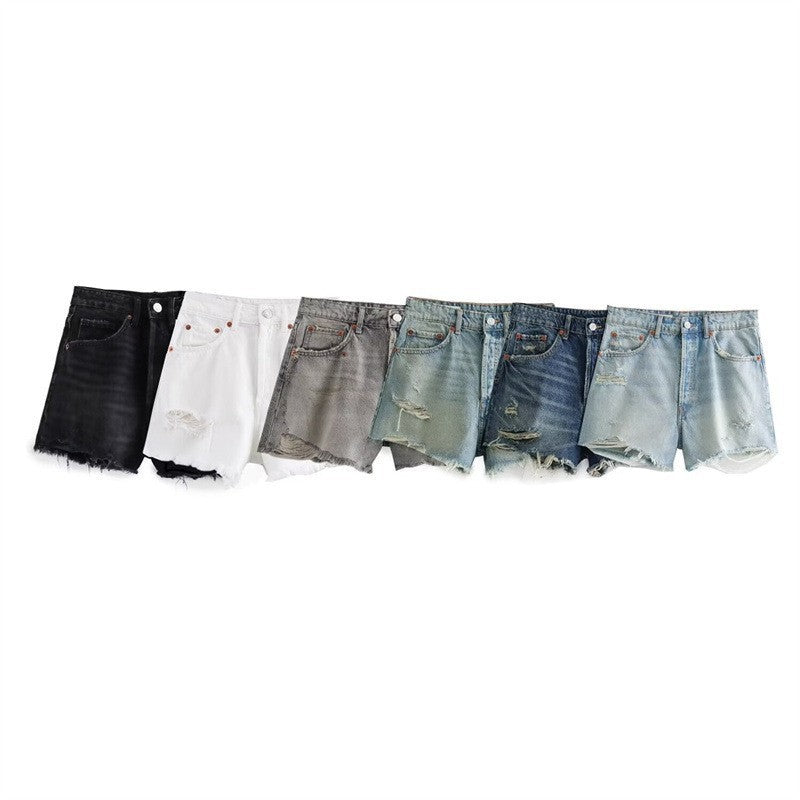 Perforated Hole Decoration High Waist Denim Shorts