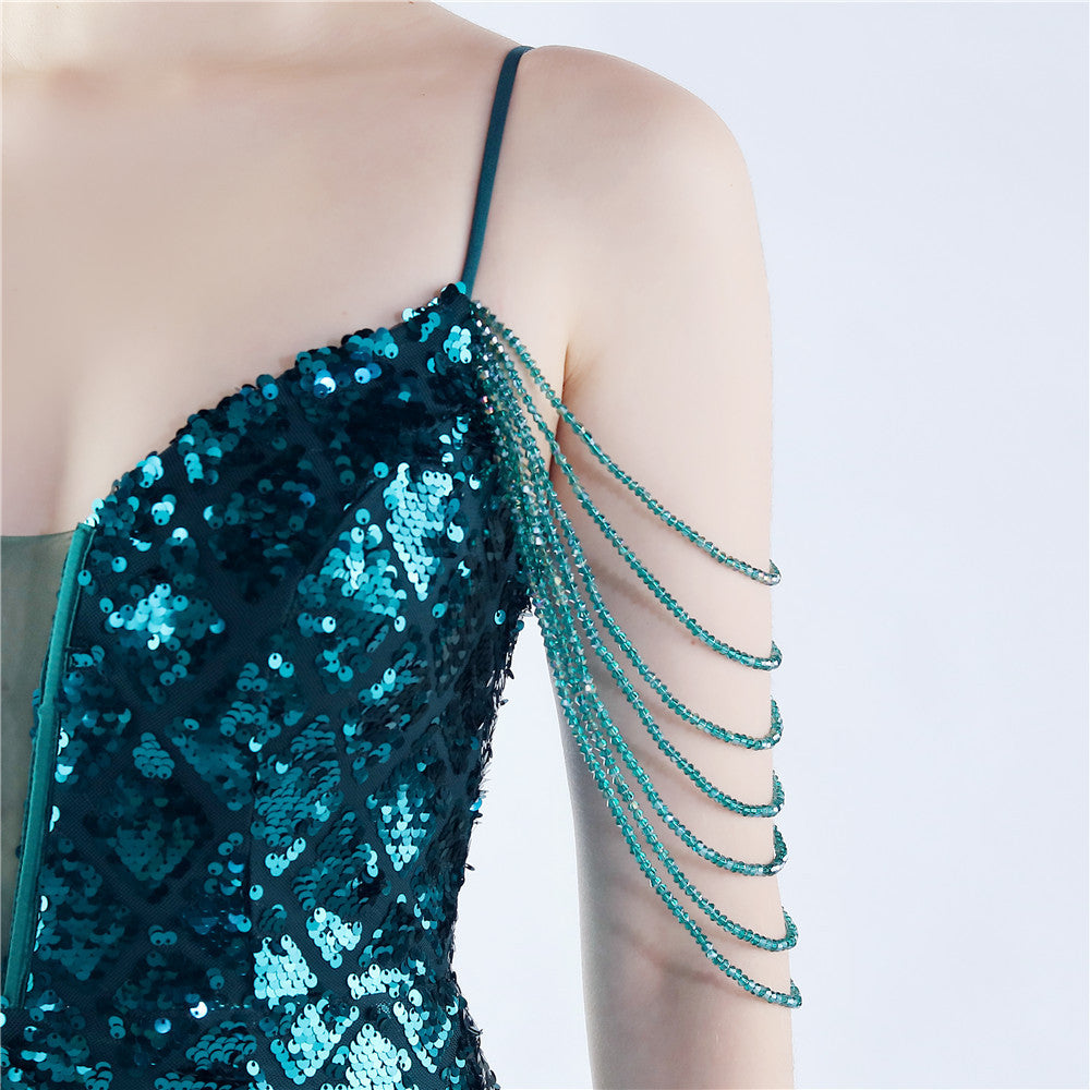Fishbone Waist-tight Ratchet Tie Down Magic Color Sequin Craft Beaded High-end Evening Dress