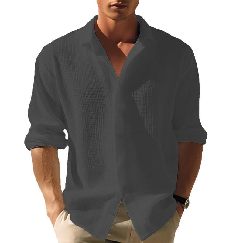 Men's Lapel Long Sleeve Shirt Fashion Solid Single Breasted Tops Fall Spring Clothing