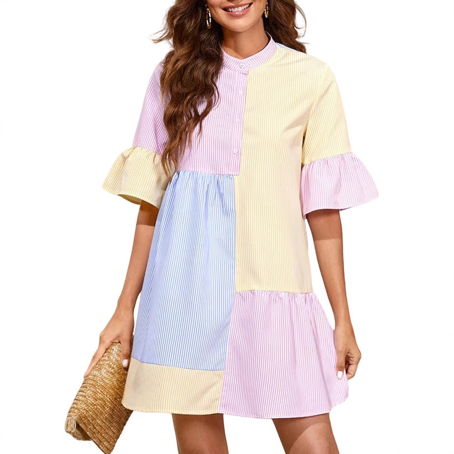 Multi-color Stripe Patchwork Flared Sleeves Dress