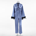 Satin Pajamas Long Sleeve Feather Cardigan Two-piece Set