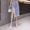 Beaded Sequins And Fringed Denim Bust Women's Irregular Fringe High Slit Exposed Legs And Hip Skirt