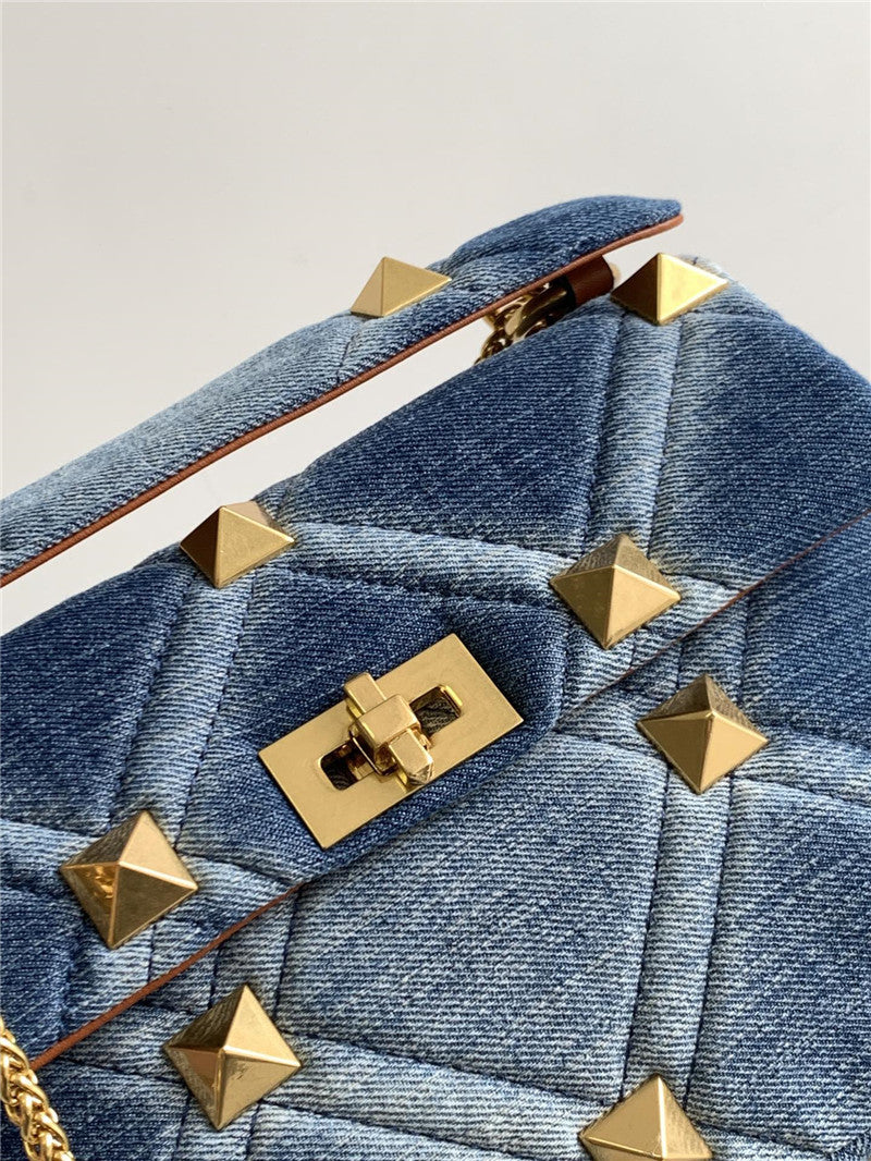 Denim With Cowhide Bag Large Rivet