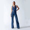 Summer Slim Heart-shape Backless Denim Jumpsuit Women Halter Neck Zip Up High Waist Panst Retro Style Clothing