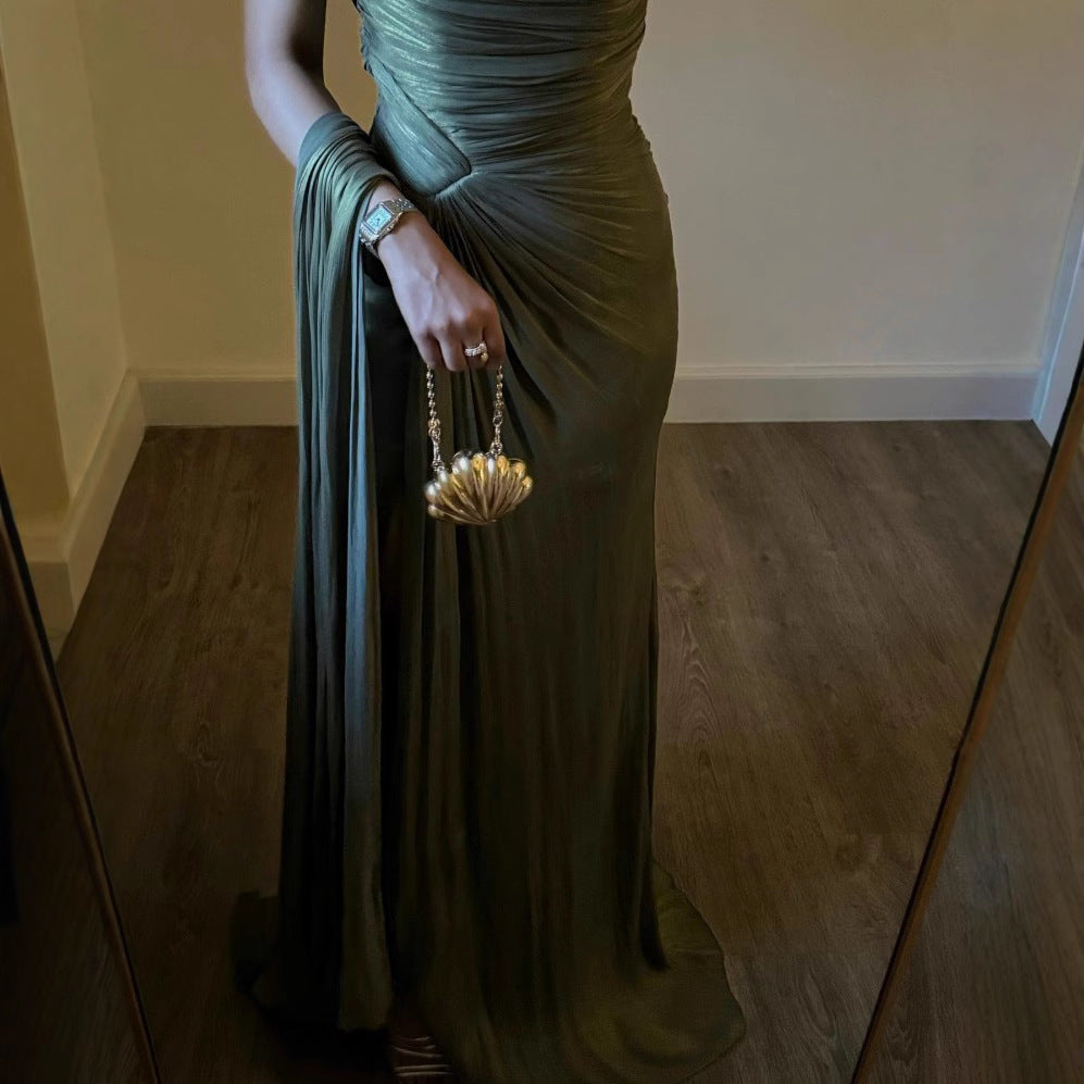 European And American Middle East Pleated Ribbon Shiny Evening Dress
