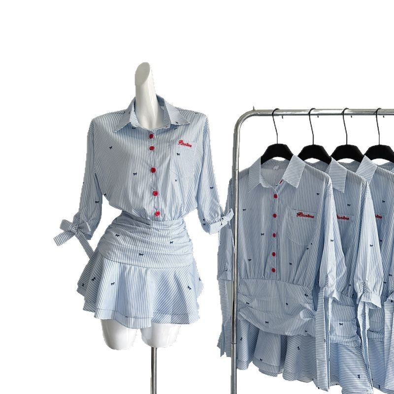 Lapel Half-sleeved And Waisted Shirt Dress Blue And White Striped Dress Ruffles