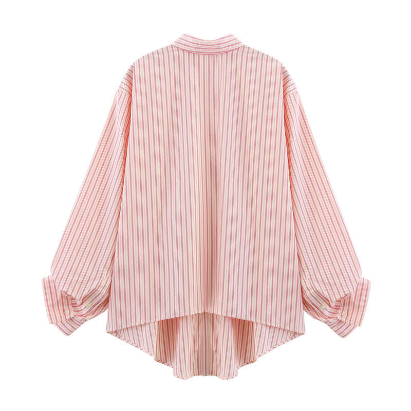 Oumeitong Diligent Style Loose All-matching Striped Lapel Long Sleeve Shirt