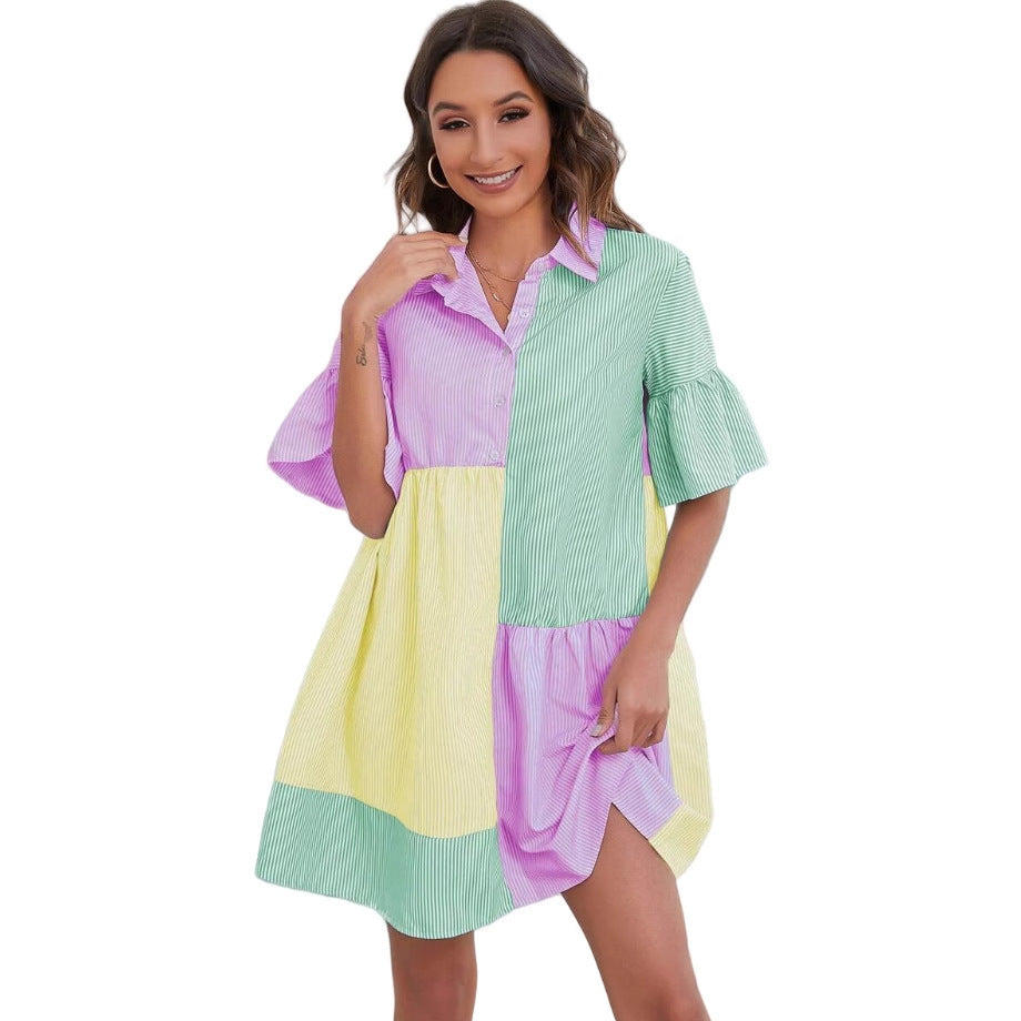 Multi-color Stripe Patchwork Flared Sleeves Dress
