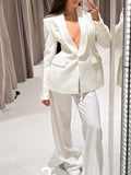Solid Color Lapel Suit Jacket & High Waist Pants Set