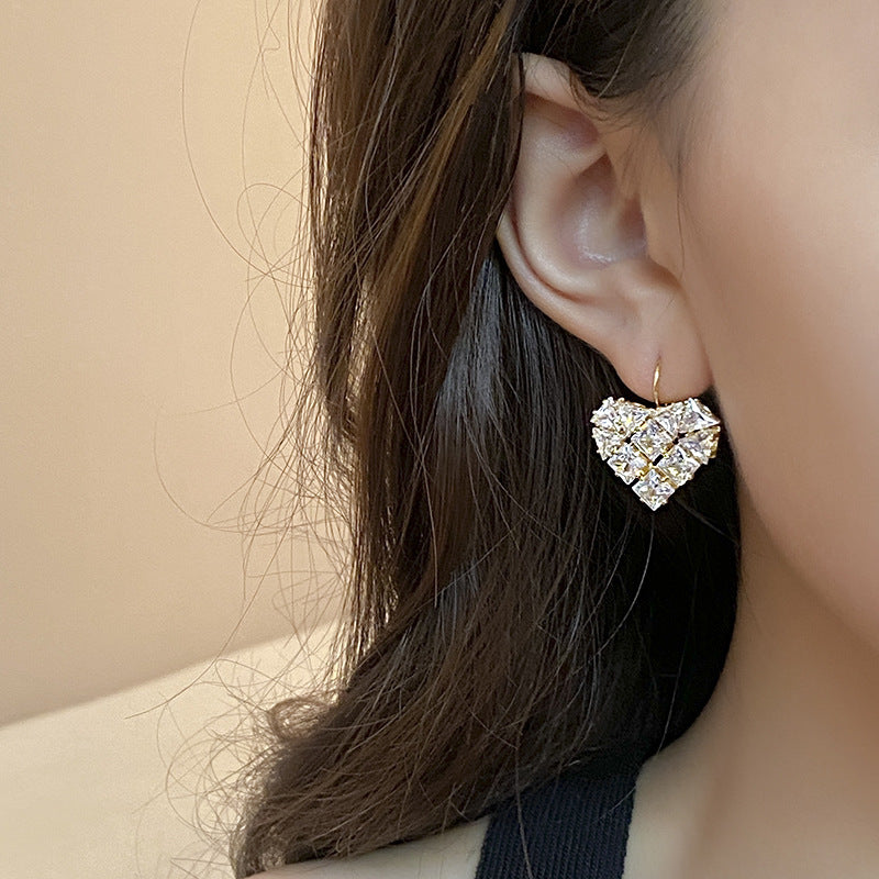 French Style Heart-shaped Zircon Earrings For Women