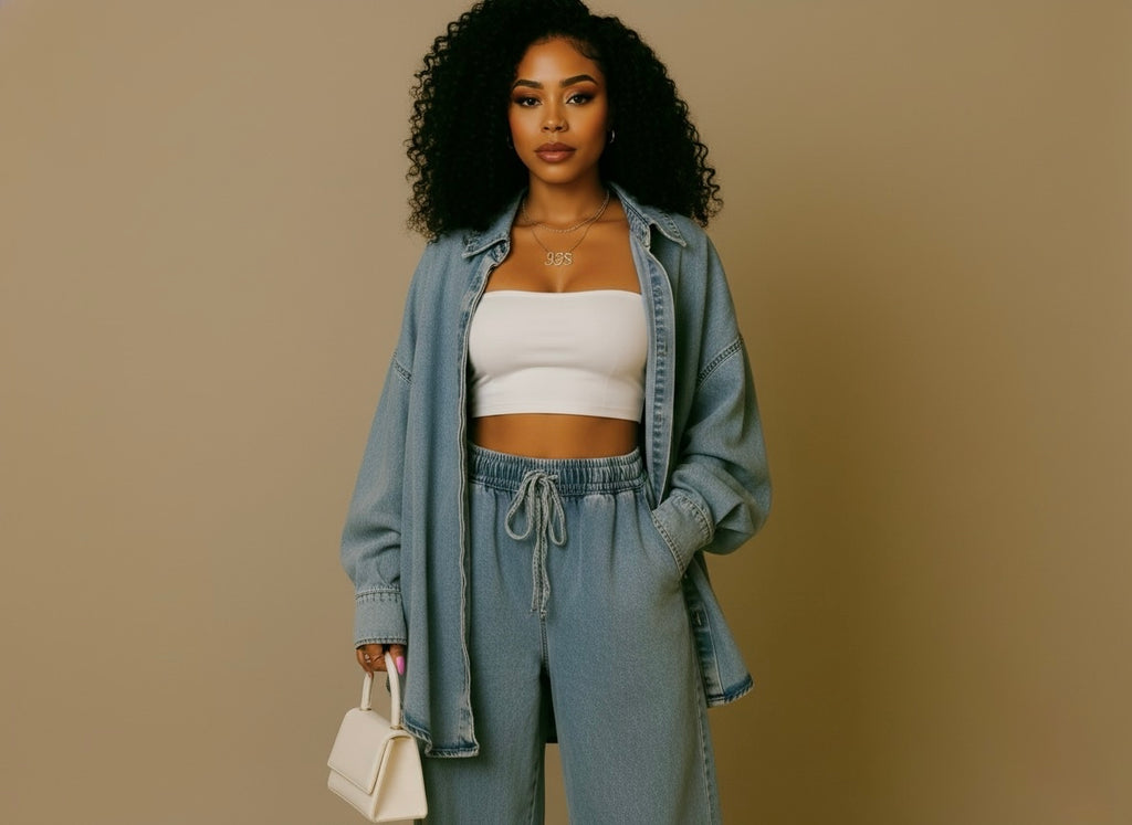 Women's Denim Long Sleeve Button Wide Leg Suit