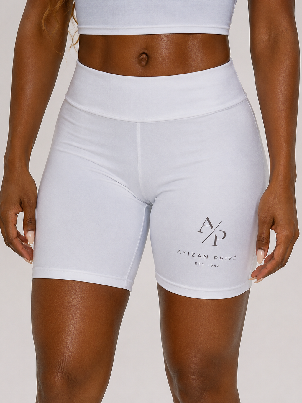 AYIZAN PRIVE Women's White Workout Shorts — High-Waist Athletic Biker Shorts with Minimal Logo