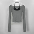 Dongdaemun Figure Halterneck Vest And Slightly Transparent Big Collar Long Sleeve T-shirt Two-piece Set