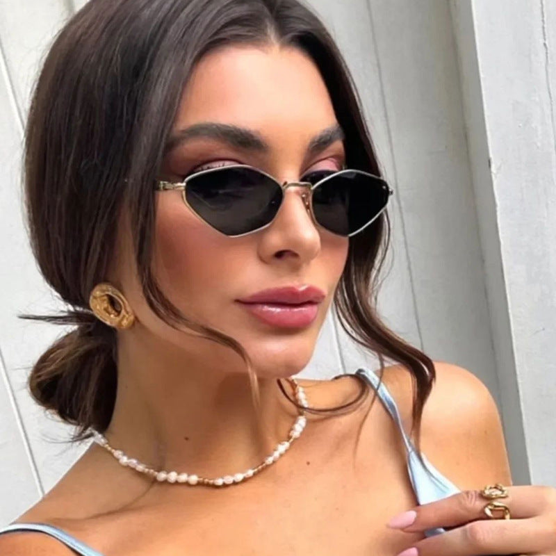 Cat Eye Metal Sunglasses Female Personality Polygon European And American Ins Small Frame