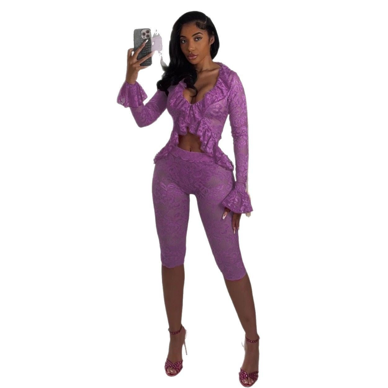 Spring New Pure Color Girl Hollow Lace Two-piece Suit