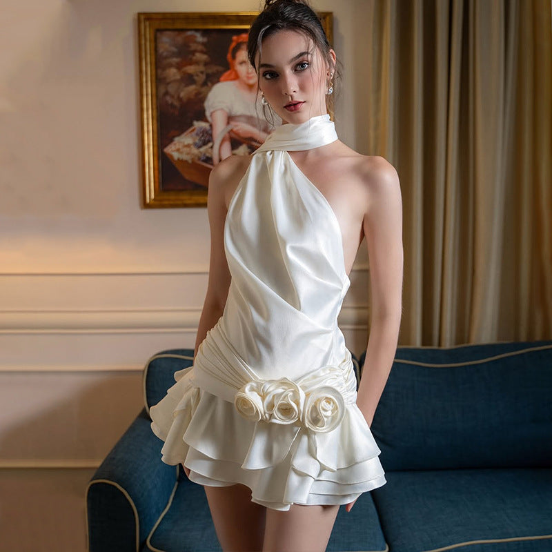 Women's Spring Sexy French Style Temperament High-grade Off-shoulder Satin Backless Dress