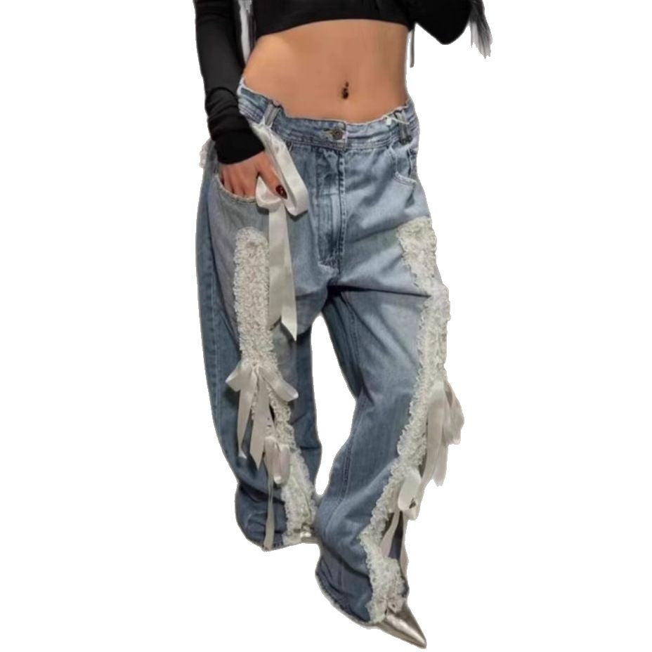 Women's American-style Retro Lace Lace-up Stitching Jeans