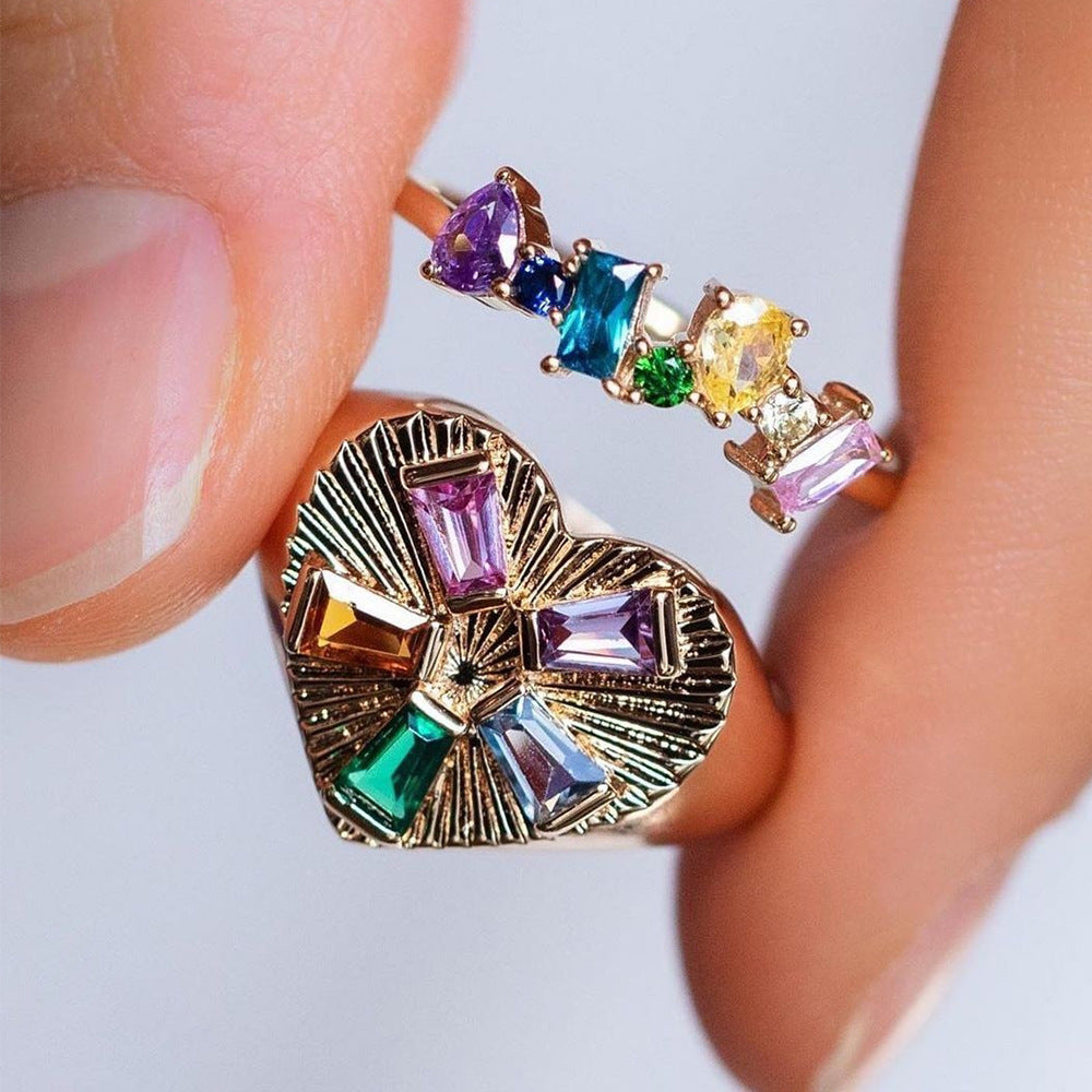Colorful Crystals Oil Drop Peach Heart Crystal Ring