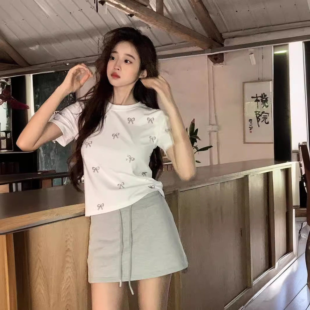 Simple Fashion Butterfly Rhinestone Round Neck Short Sleeve Female Summer