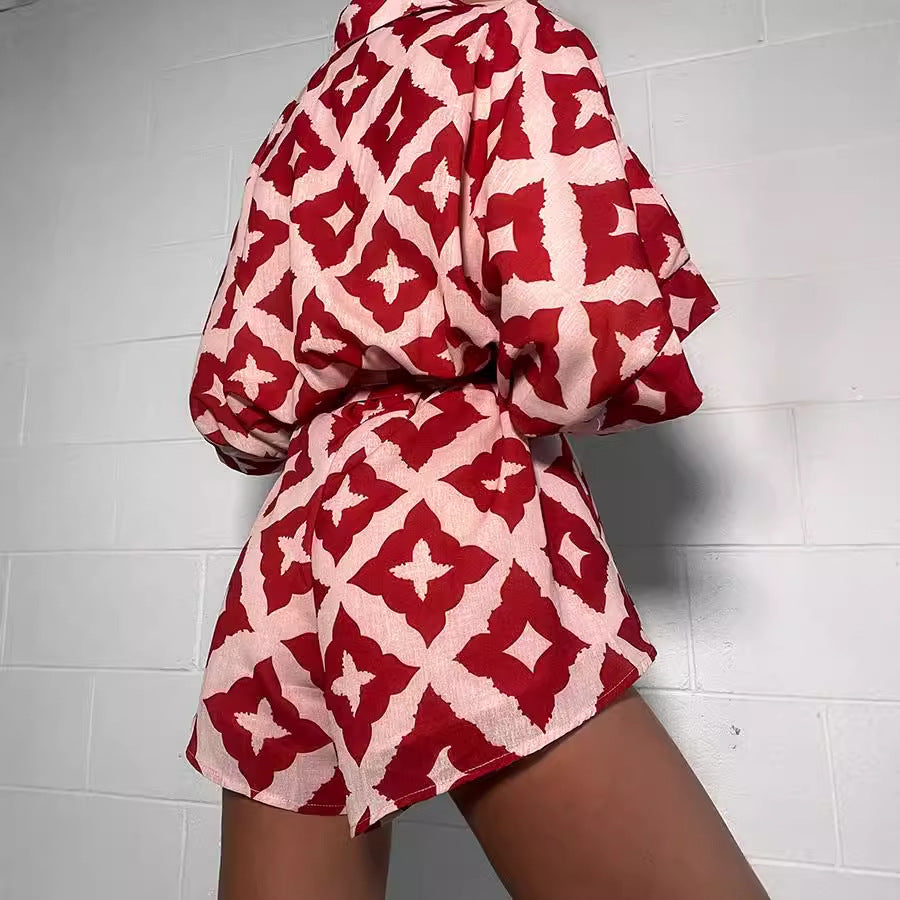 European And American Loose Casual Print Lace-up Jumpsuit Shorts