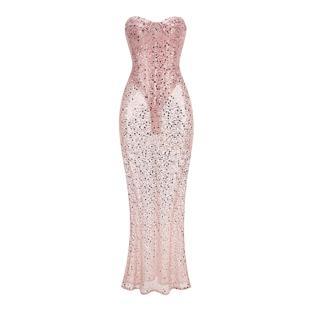 European And American Sexy Sequins Fishbone Slim Tube Top Dress