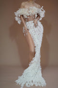 High Slit White Mesh Design Dress