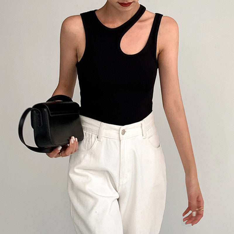 Summer Round Neck Side Irregular Hollow-out Women's Solid Color Top