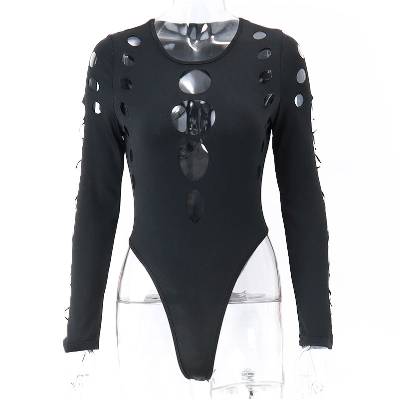 New Sexy Hot Girl Multi-hollow Round Neck Long Sleeve Jumpsuit