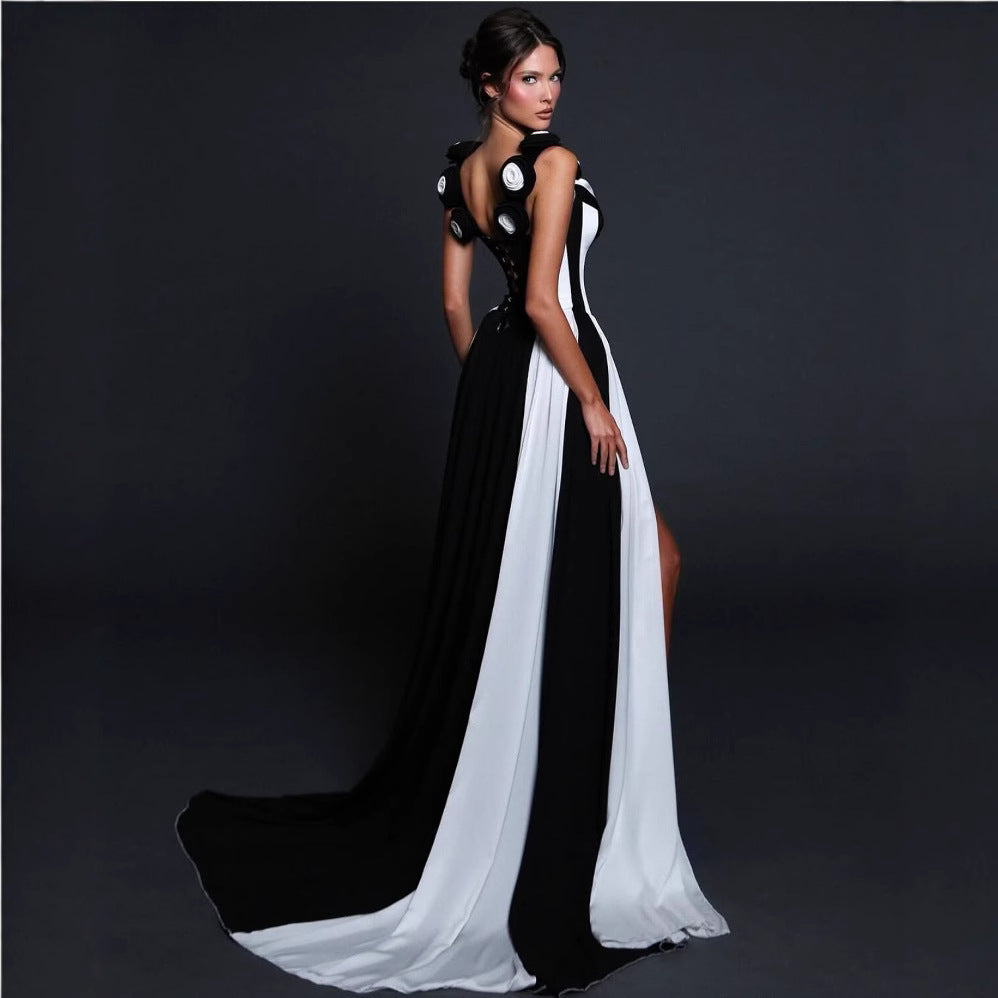 Black And White V-neck Spliced High Waisted Mop Dress