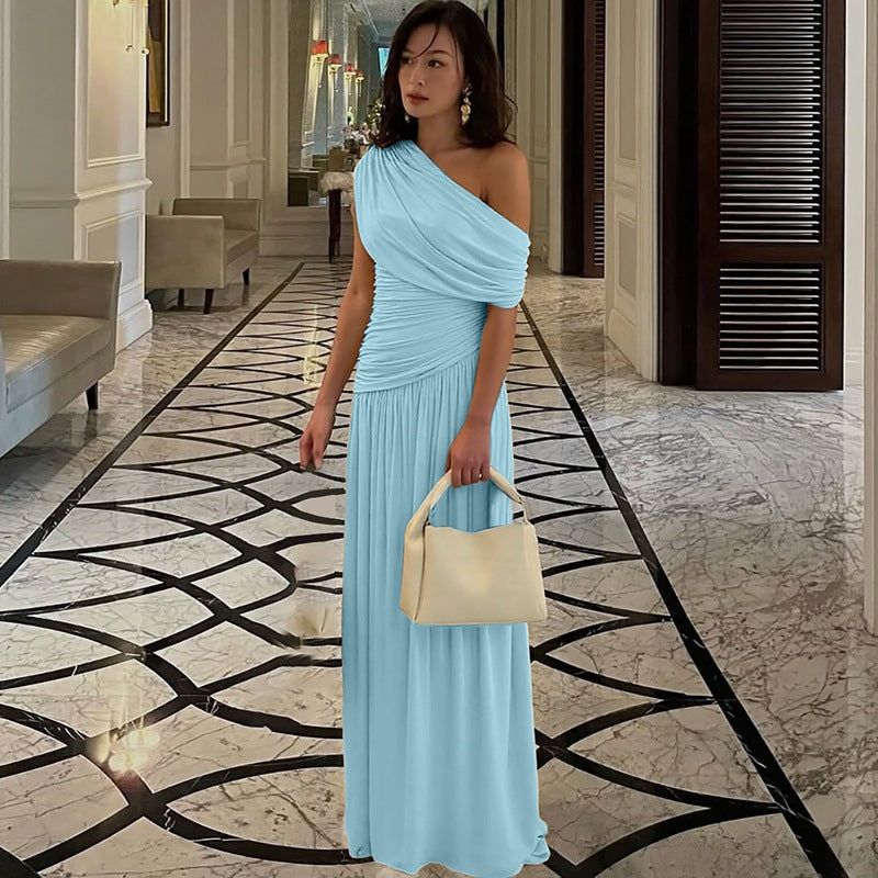 Fashion Sexy Diagonal Collar Pleated Irregular Solid Color Dress