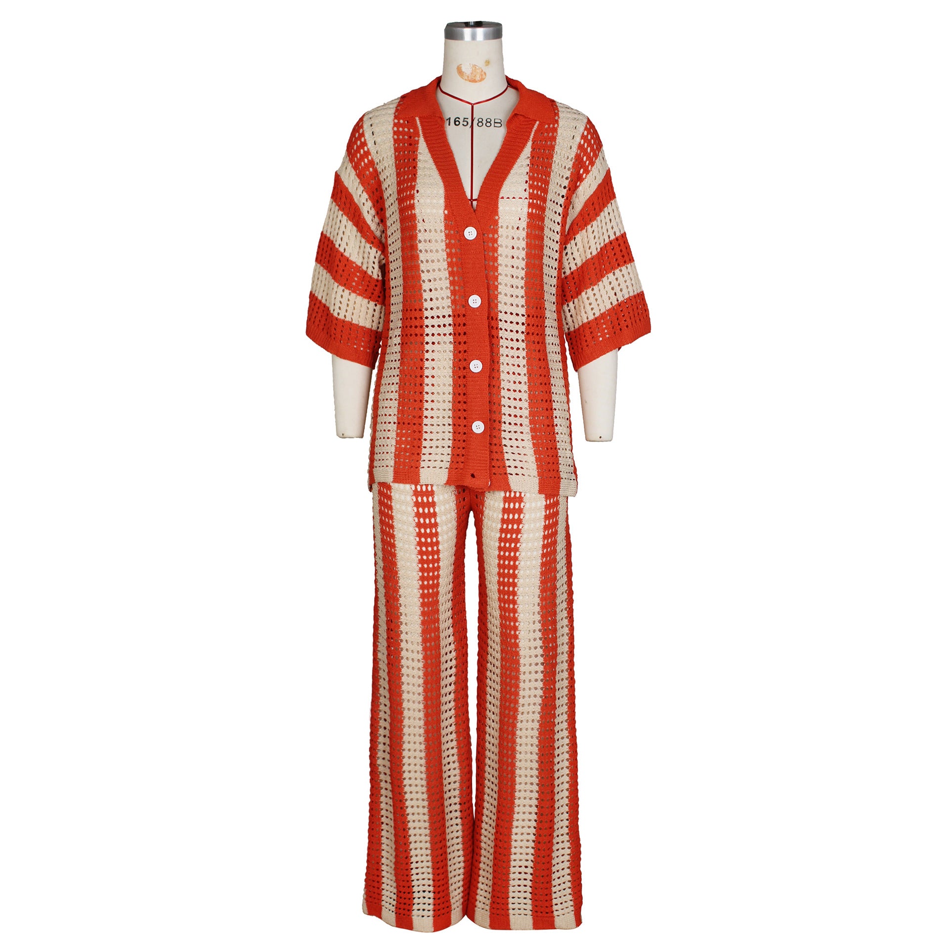 Women's Sexy V-neck Hollow Striped Lapel Knitted Width Blouse And Pants