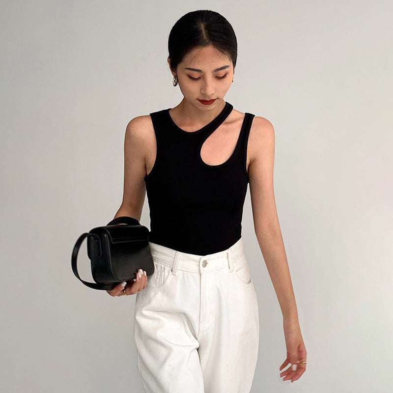Summer Round Neck Side Irregular Hollow-out Women's Solid Color Top