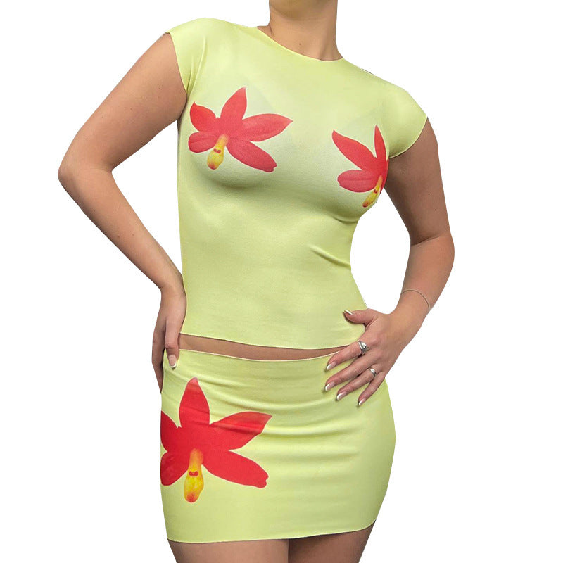 European And American Flower Print Design Round Neck Short Sleeve Skirt Two-piece Set