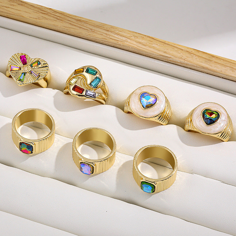 Colorful Crystals Oil Drop Peach Heart Crystal Ring